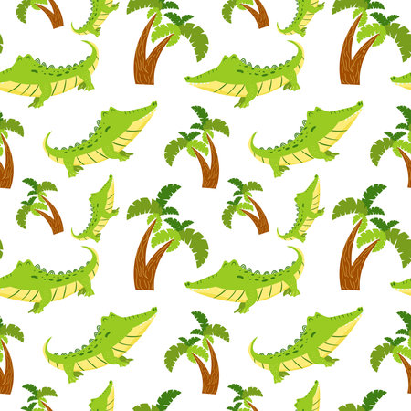 Seamless pattern with cute cartoon crocodile and palm tree. Endless texture with alligator and wood for kids design. Vector illustration.のイラスト素材