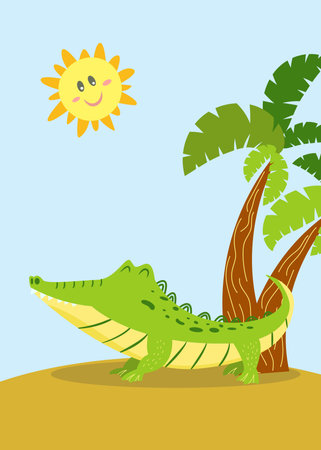 Funny cute crocodile lies on the sand under the sun near a palm tree. Vector illustration in cartoon style. Design concept about summer vacations for children's designのイラスト素材