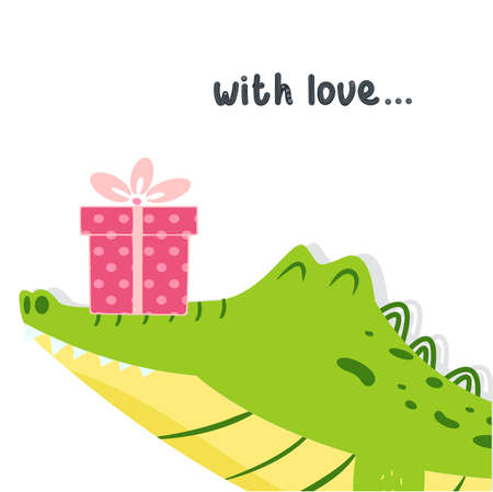 Ð¡ute crocodile holds a gift box with a bow on his nose. Greeting card template with lettering with love. Vector illustration with cartoon alligatorのイラスト素材