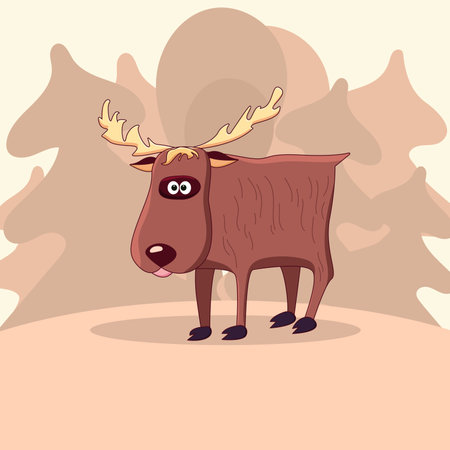 Cute cartoon elk with horns, in the background a simple forest landscape with trees. Wild animal moose on the background of the forest. Vector illustration in muted colorsのイラスト素材
