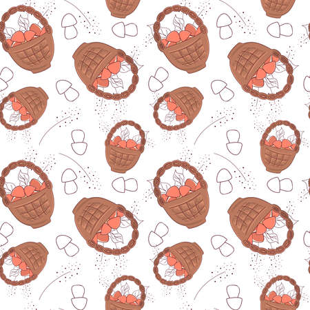 Seamless pattern with cute cartoon basket with mushrooms, twigs and leaves. Vector illustration for autumn, summer childrens design in pastel colors.のイラスト素材