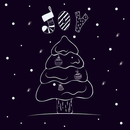 Christmas tree and lettering joy. Vector illustration in handdrawn styleのイラスト素材