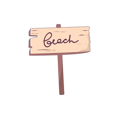 Wooden signpost of the road to the beach, isolated on white background. Vector illustration in cartoon style with stroke and letteringのイラスト素材