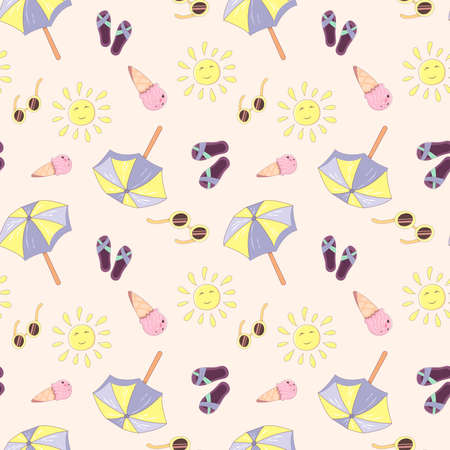 Summer vacation seamless pattern with flip flops, beach umbrella, ice cream and sunglasses. Endless texture for your summer holiday. Vector illustration in cartoon style with strokeのイラスト素材