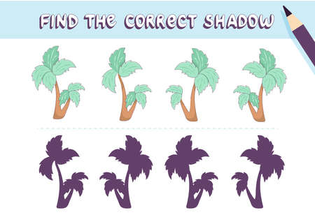 Find the correct shadow. Cute palm tree. Educational game for kids. Collection of children's games. Vector illustration in cartoon styleのイラスト素材