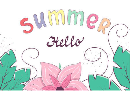 Hello summer banner template with bright lettering and tropical flowers and leaves isolated on white background. Vector illustration on the theme of summer vacationのイラスト素材