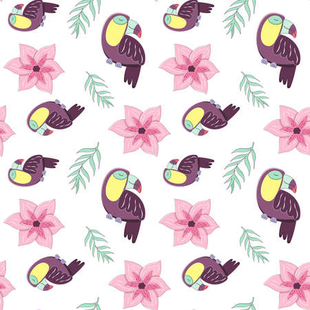 Seamless pattern with tropical flowers, leaves and toucan. Vector endless texture with exotic vegetation and birds in cartoon style with strokeのイラスト素材