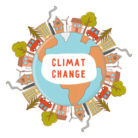 Climate is changing, global warming concept. A poster with the Earth, and a round frame of houses,...