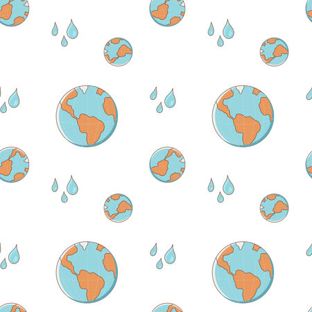 Seamless pattern with planet Earth and water drops on a white background. Vector endless texture in...