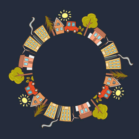 Cityscape round frame with cars, trees, houses and factories isolated on dark background. Vector border with landscapeのイラスト素材