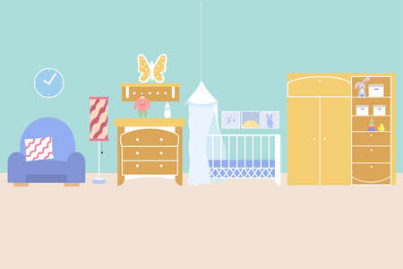 Children's room interior with a crib, a wardrobe with toys, a shelf, a chest of drawers and an armchair. Vector illustration in flat style. Nursery roomのイラスト素材