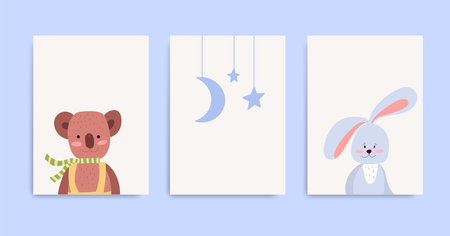 A set of posters for the nursery with a bear, bunny, moon and stars. Vector illustrationのイラスト素材