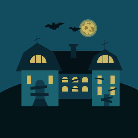 Mysterious house with crosses on the roof, bats on the background of the moon. Gloomy vector illustration for Halloween.のイラスト素材