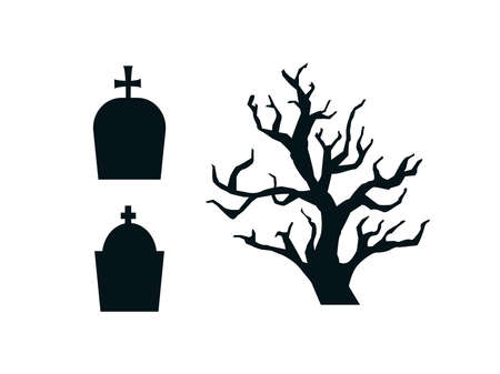 Black contour silhouettes of gravestones and gloomy tree set. Funeral monuments with crosses and tree isolated on white background. Vector illustrationのイラスト素材