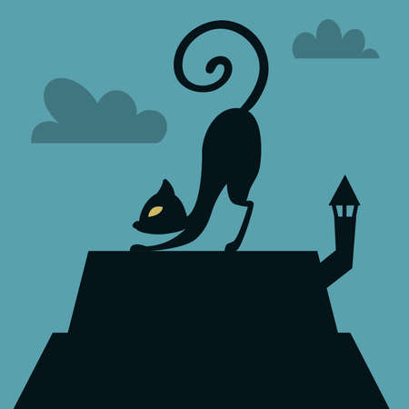 Black cat silhouette stretches on the roof of the house. Vector illustration in flat styleのイラスト素材