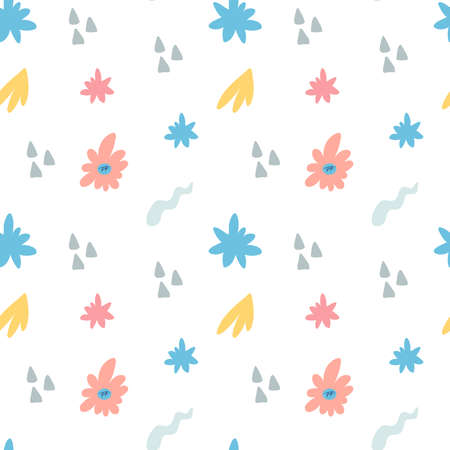Seamless pattern with cute simple flowers and decorative elements on white background. Vector endless texture in childish styleのイラスト素材