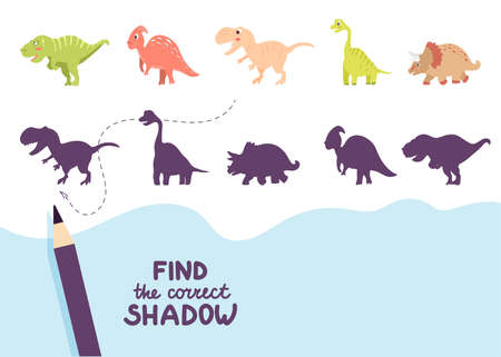 Find the correct shadow. Cute dinosaurs. Educational game for kids. Collection of children's games. Vector illustration in cartoon styleのイラスト素材