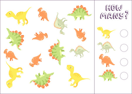 Counting game for preschool kids. Educational math game. Count how many dinosaurs there are and write down the result. Vector illustration in cartoon styleのイラスト素材