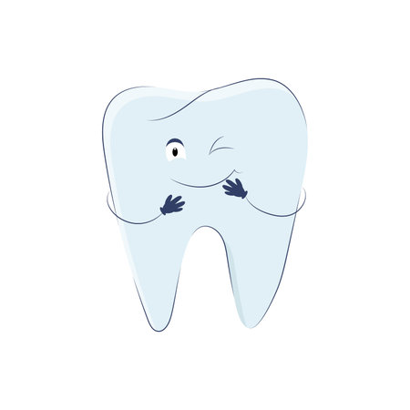 Cute winking tooth in cartoon style isolated on white background. Vector molar icon with eyes, mouth...