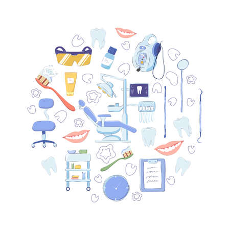 Dental medical set of design elements isolated on white background. Vector image of teeth, equipment, tools, cabinet furniture in cartoon hand-drawn style.のイラスト素材