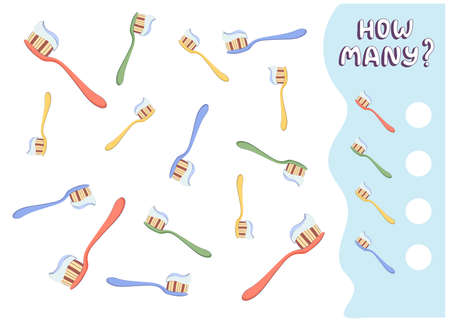 Counting game for preschool kids. Educational math game. Count how many toothbrushes there are and write down the result. Vector illustration in cartoon styleのイラスト素材