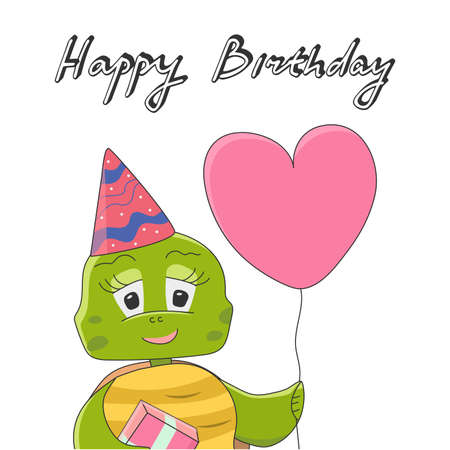 Happy Birthday card with a cute turtle character in a cap and with a balloon in his hand. Vector illustration with lettering.のイラスト素材