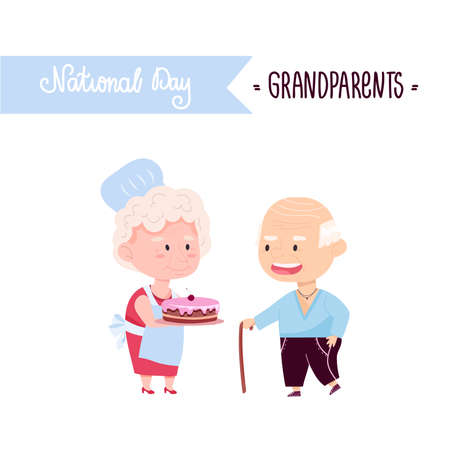 National Grandparents Day. Lovely grandfather with grandmother and pie. Vector illustration of elderly people for banner or postcard designのイラスト素材