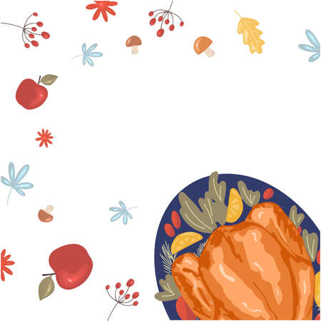 Thanksgiving Day background with roasted turkey on a platter, mushrooms, autumn leaves and years on a white plate. Vector illustration in hand drawn style.のイラスト素材
