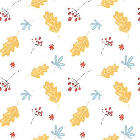 Seamless pattern with autumn leaves and berries on a white background. Vector endless texture for seasonal floral designのイラスト素材