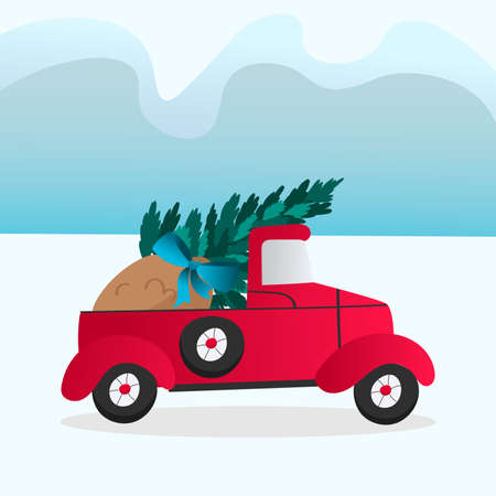 Red car carries a Christmas tree and a bag of gifts. A red pickup truck carries a Christmas tree and gifts in a bag. Vector illustration isolated on backgroundのイラスト素材