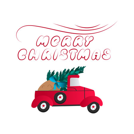 Red car carries gifts in a sack and a Christmas tree. Beautiful inscription Merry Christmas. Vector illustration for design of postcard, poster, bannerのイラスト素材