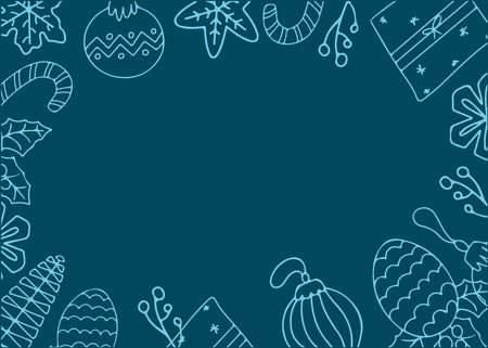 Christmas background with doodle design elements. Vector illustration with hand drawn new year toys and gifts. Banner templateのイラスト素材