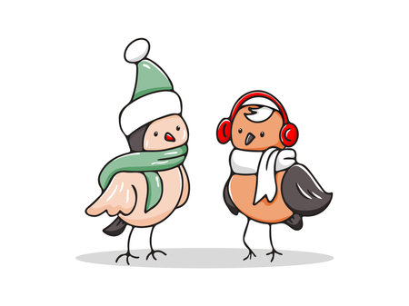 Christmas little birds in winter scarves and hats. Vector hand-drawn doodle illustrationのイラスト素材