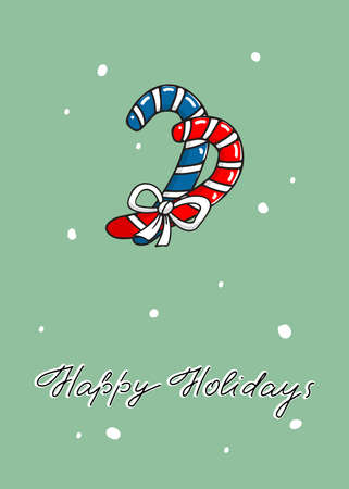 Happy holidays greeting card in hand drawn style. Christmas postcard in doodle style with candy cane and letteringのイラスト素材