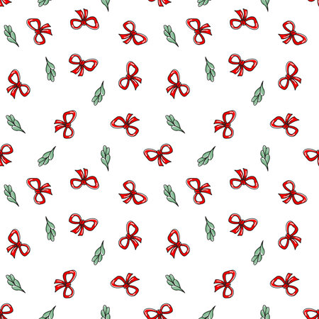 Seamless pattern with a red bow and a twig on a white background. Vector endless texture for festive design in handdrawn styleのイラスト素材