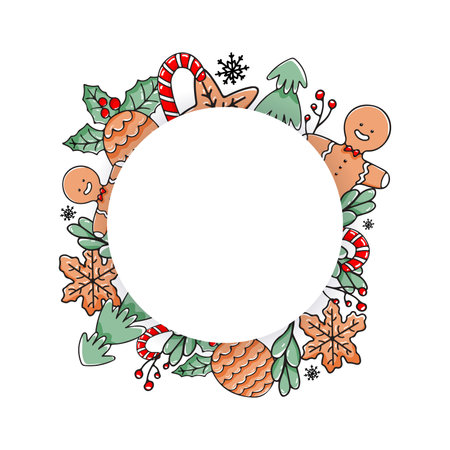 Christmas background with place for text and hand-drawn New Year sweets. Poster, card, label, background, banner on circle frame with sweets, cookie, lollipops.Vector illustrationのイラスト素材