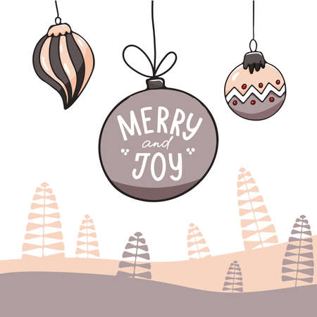 Christmas background with Christmas balls and lettering. Merry and Joy inscription. Vector illustration in hand drawn styleのイラスト素材