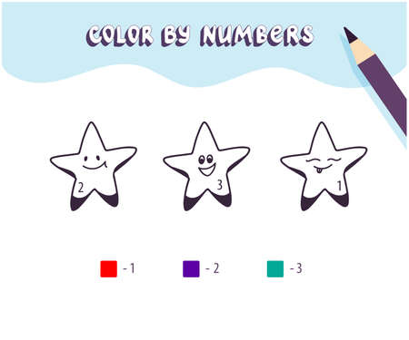 Coloring page with cute smiling stars. Color by numbers. Educational kid game, drawing childrens activity, printable worksheet.のイラスト素材
