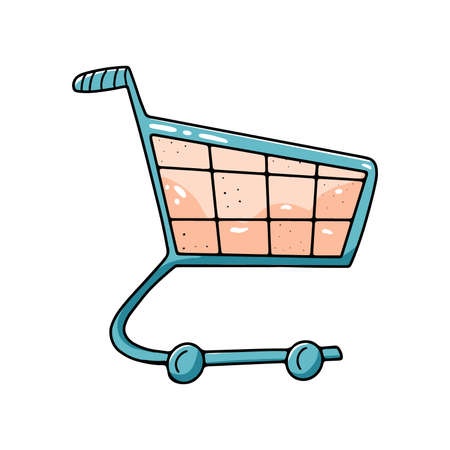 Shopping cart isolated on white background. Vector illustration in doodle style. Hand drawn shop basket. Big sale conceptのイラスト素材