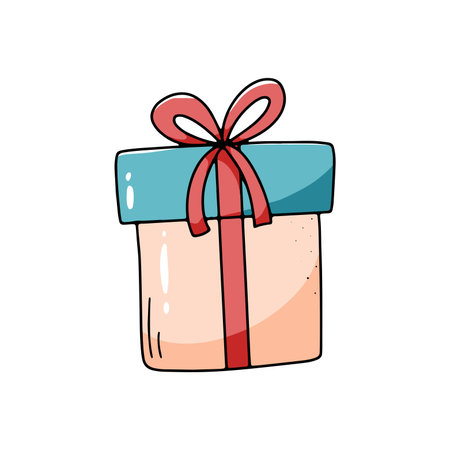 Gift box with a bow tied with a ribbon isolated on a white background. Vector illustration, doodle iconのイラスト素材