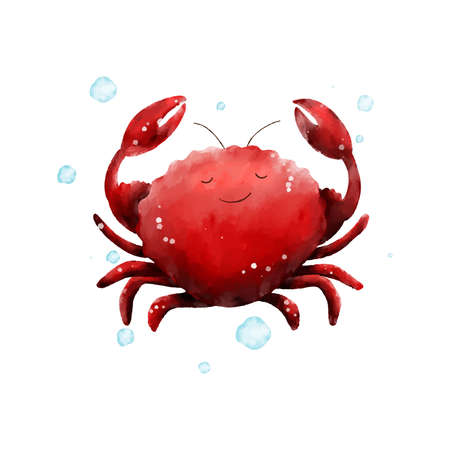 Watercolor cute sea crab with water bubbles isolated on white background. Vector illustration of underwater ocean animal for kids design and printのイラスト素材