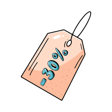 Discount label 30 percent isolated on white background. Price tag, hand-drawn style. Vector doodle illustration for sales, black friday and promotionsのイラスト素材