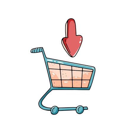 Shopping cart with arrow add - hand drawn vector illustration. Black Friday sales tag in doodle style. Simple shopping conceptのイラスト素材