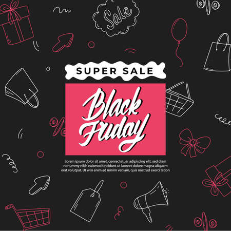 Black Friday Sale doodle banner template on a dark background. Background with lettering and hand-drawn design elements for shopping. Vector illustrationのイラスト素材
