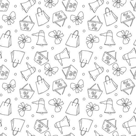 Black Friday black and white seamless pattern with hand drawn shopping basket, loudspeaker, gift and bow. Monochrome vector endless texture for sale and advertisingのイラスト素材