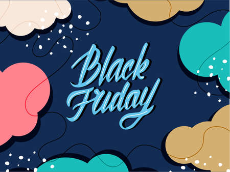 Black friday sale banner template with lettering and abstract shapes. Background with scripted textのイラスト素材