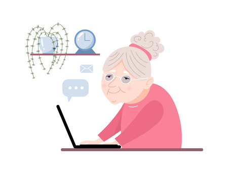 Happy grandmother is sitting at a laptop. Vector illustrationのイラスト素材
