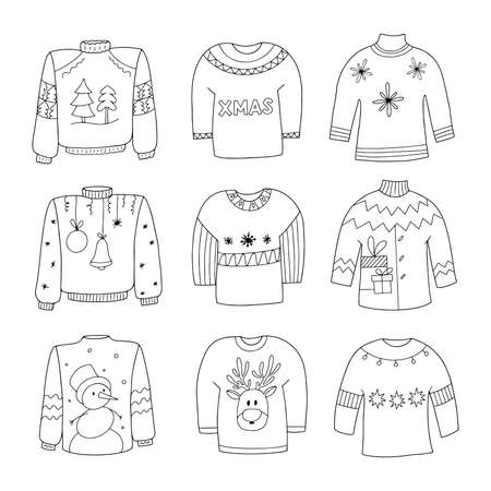 Hand drawn Ugly Sweater set. Collection of linear black and white winter sweaters for the holiday. Vector doodle illustrationのイラスト素材