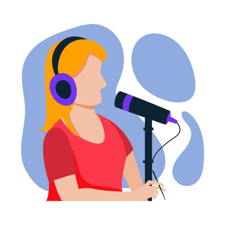 Young woman is recording a podcast. Girl in headphones and with a microphone, drawn in a flat style. Vector illustrationのイラスト素材