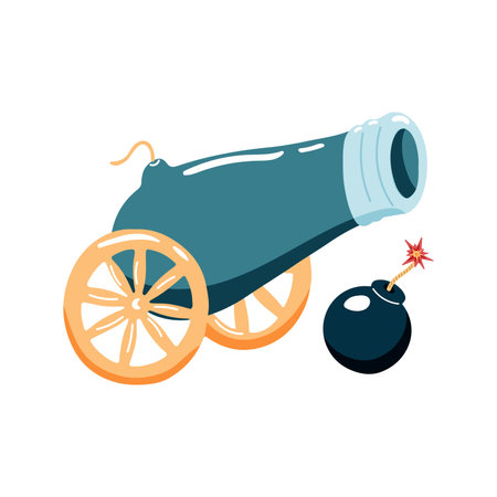 Hand drawn antique cannon on wheels with cannonball. Isolated pirate elements on a white background. Vector illustration.のイラスト素材